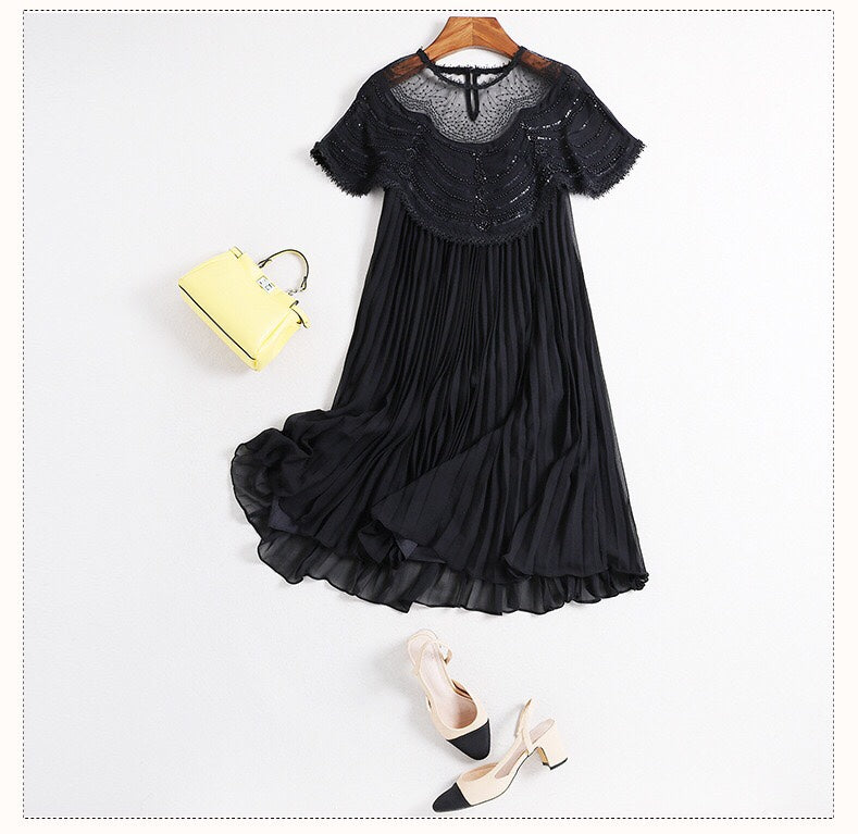 Pleated A-Line Dress W/ Bead Detail