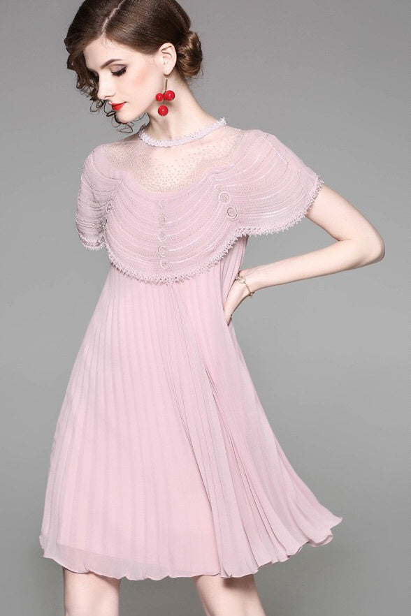 Pleated A-Line Dress W/ Bead Detail