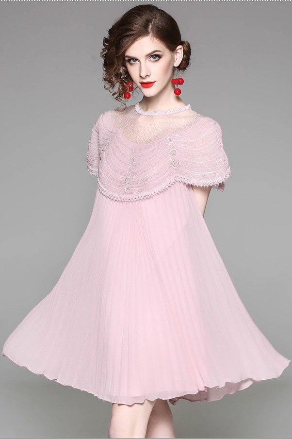 Pleated A-Line Dress W/ Bead Detail