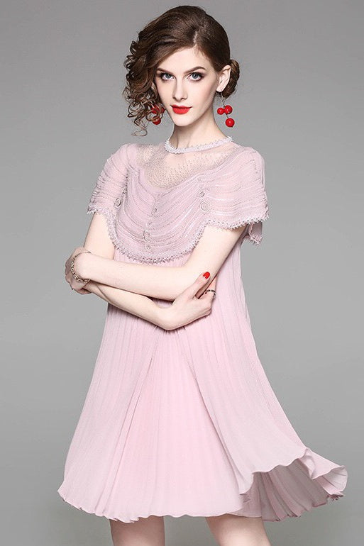 Pleated A-Line Dress W/ Bead Detail