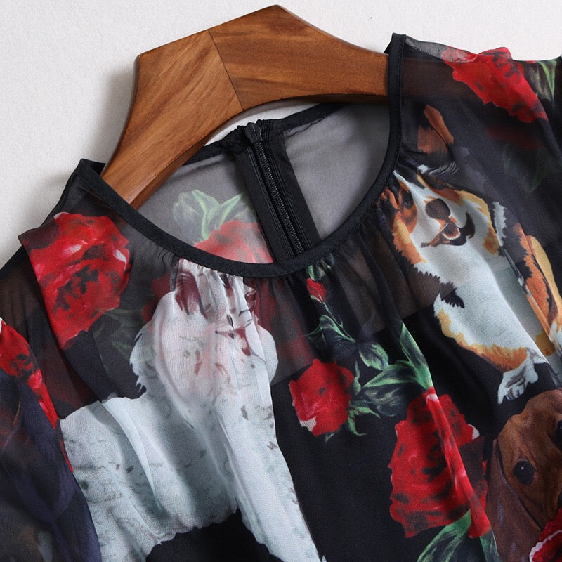Dog and Flower Print Organza Dress