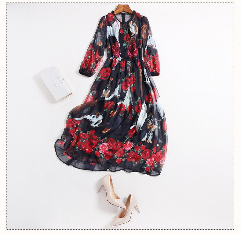 Dog and Flower Print Organza Dress