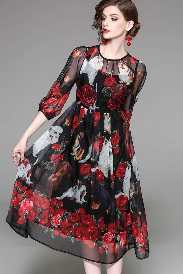Dog and Flower Print Organza Dress