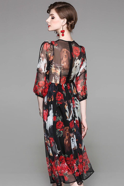 Dog and Flower Print Organza Dress
