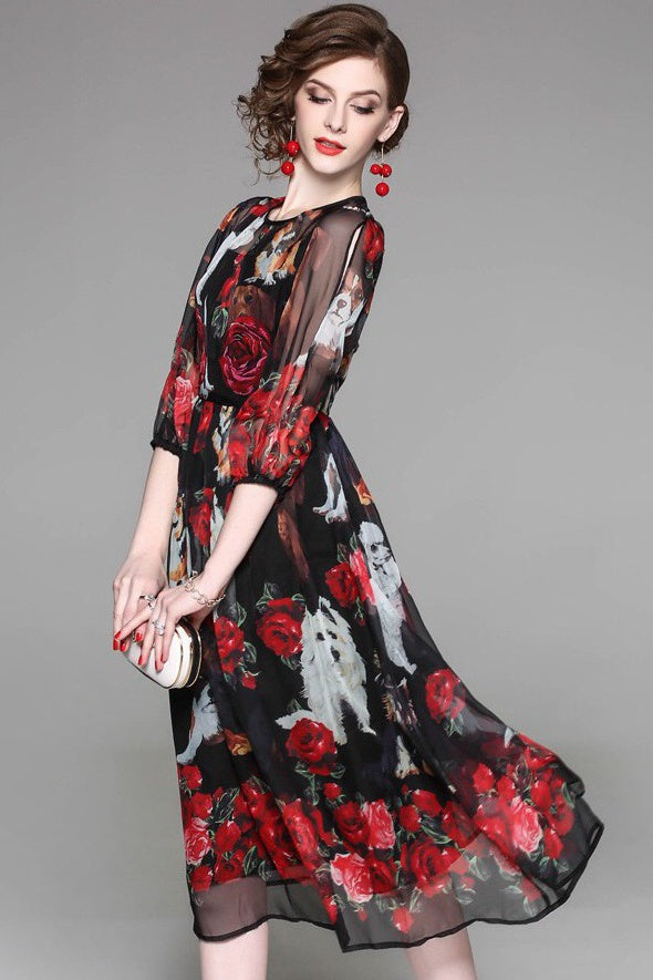 Dog and Flower Print Organza Dress