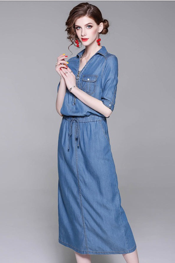 Denim Midi Dress W/ Belt