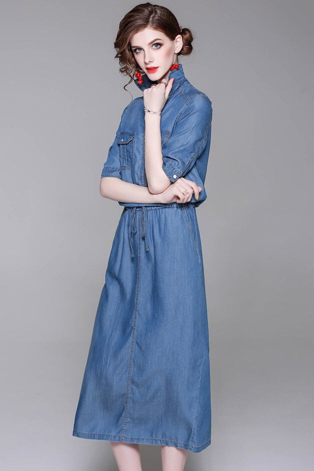 Denim Midi Dress W/ Belt