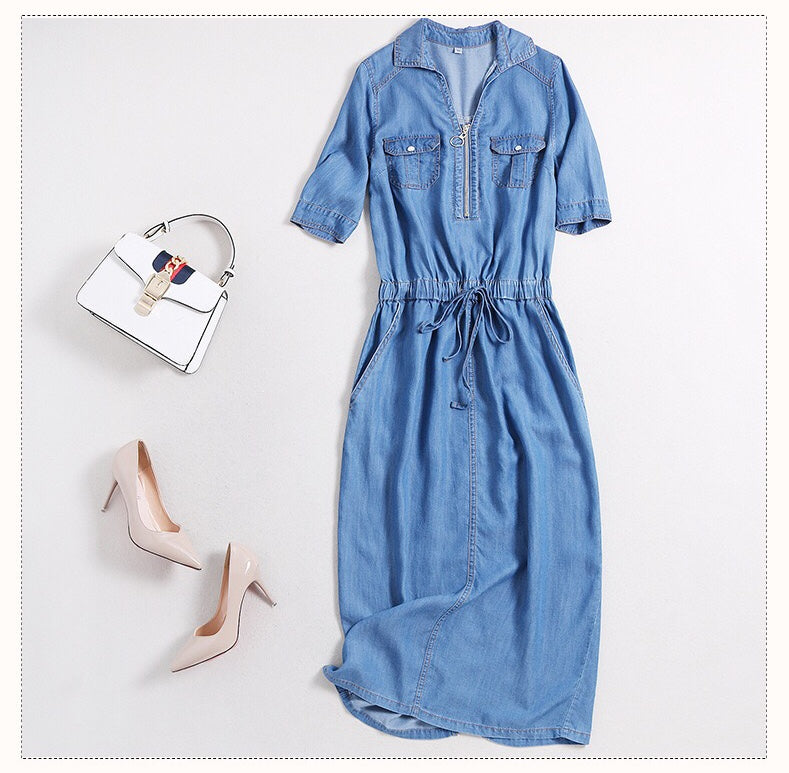Denim Midi Dress W/ Belt