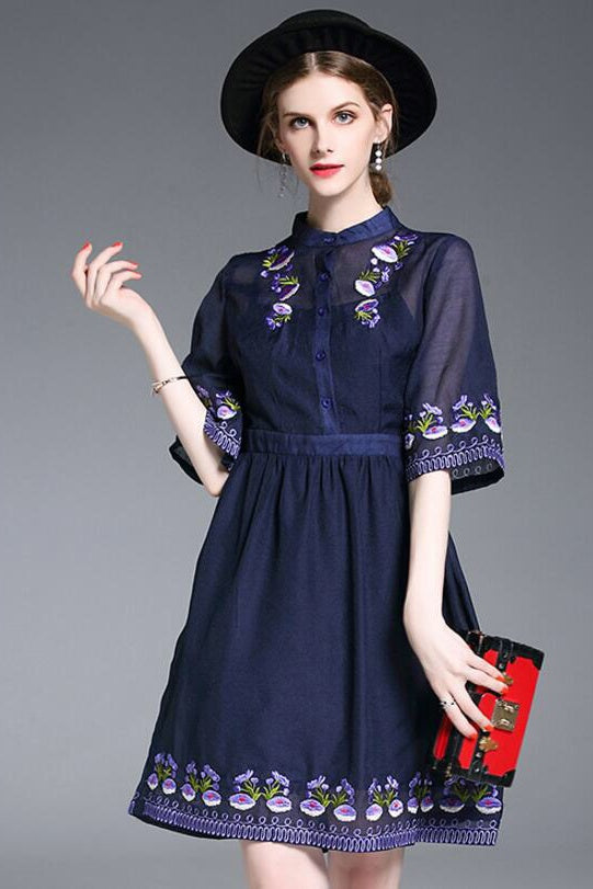 Floral Embroidered Pleated Dress