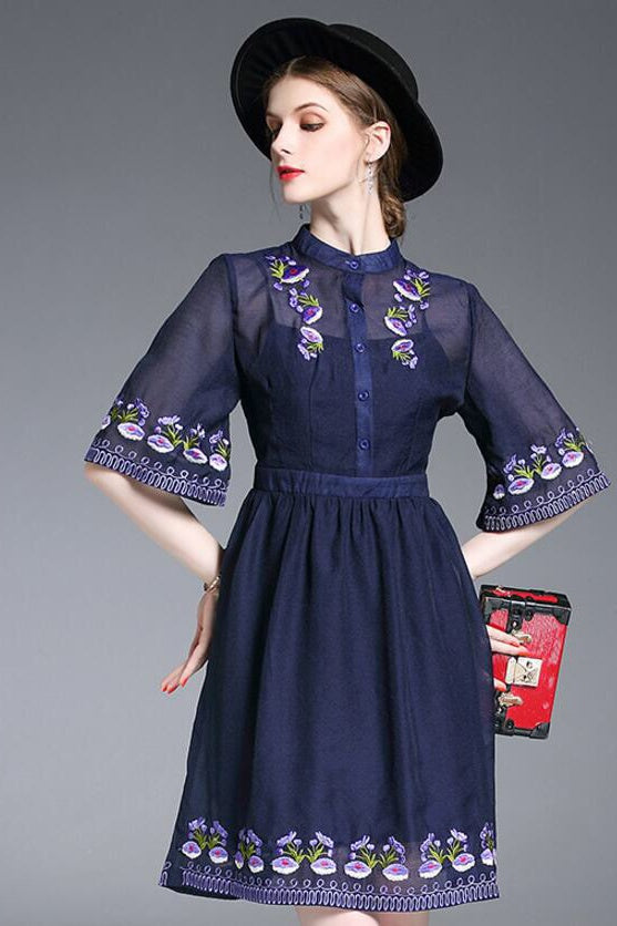Floral Embroidered Pleated Dress