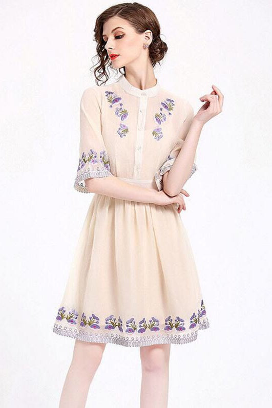 Floral Embroidered Pleated Dress