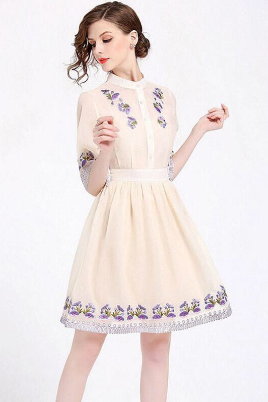 Floral Embroidered Pleated Dress