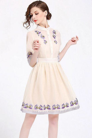 Floral Embroidered Pleated Dress