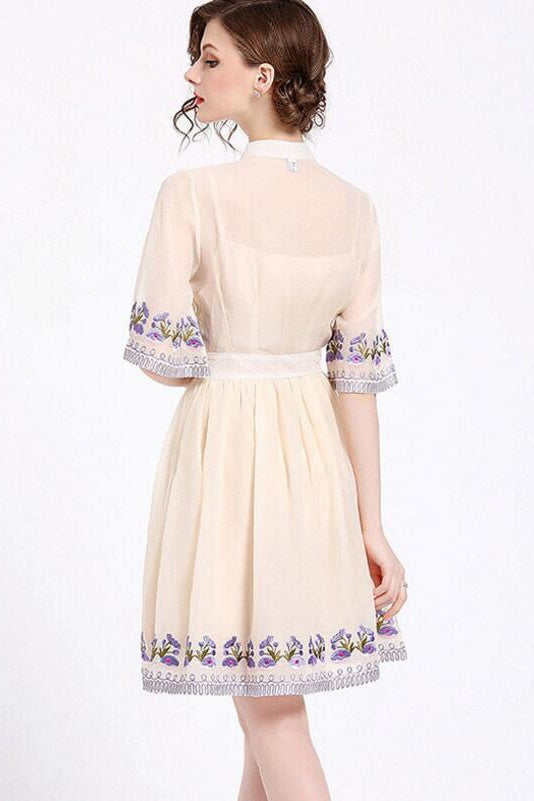 Floral Embroidered Pleated Dress