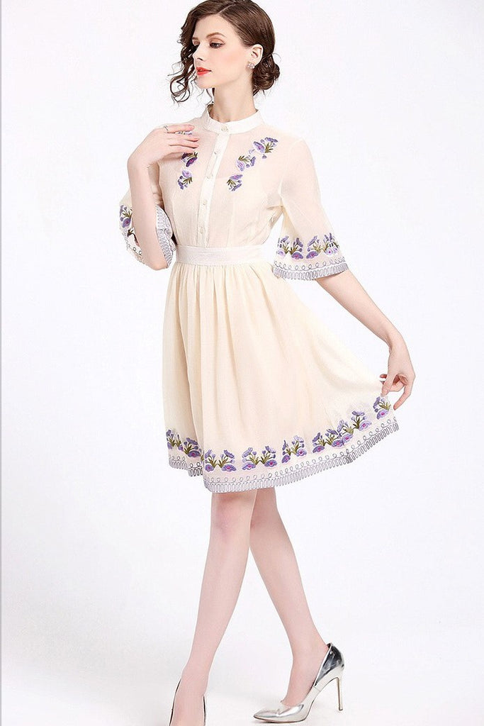 Floral Embroidered Pleated Dress