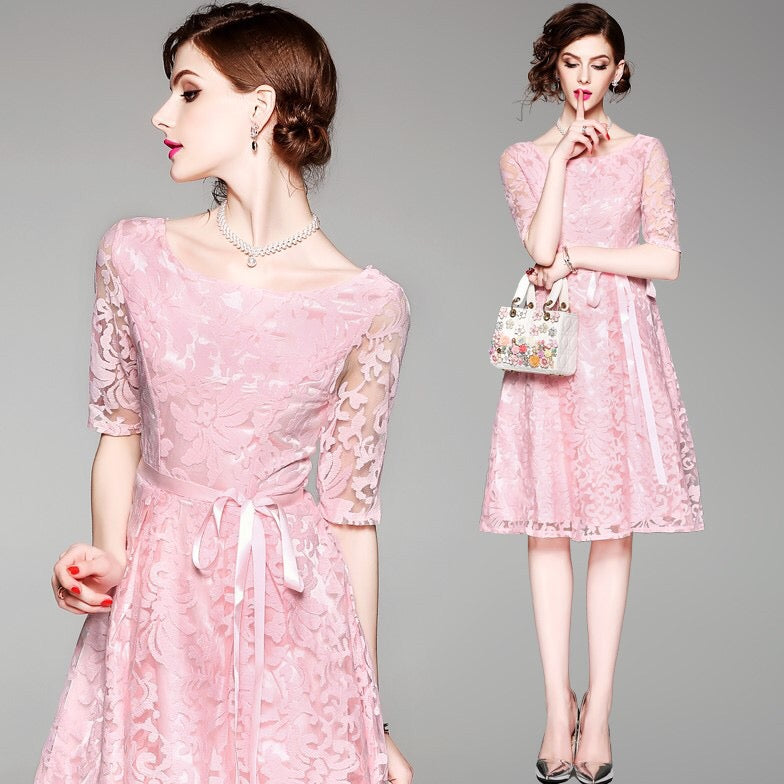 Embroidered Mesh Fit and Flare Dress