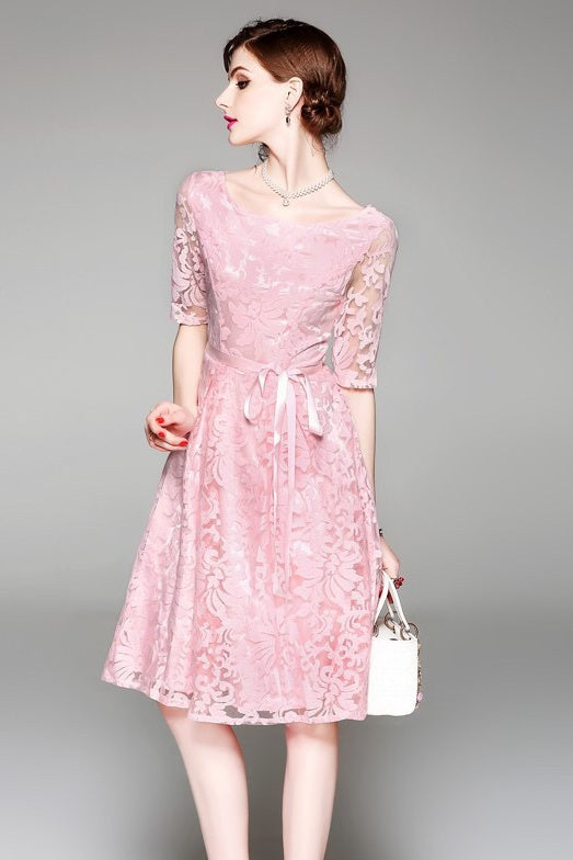 Embroidered Mesh Fit and Flare Dress