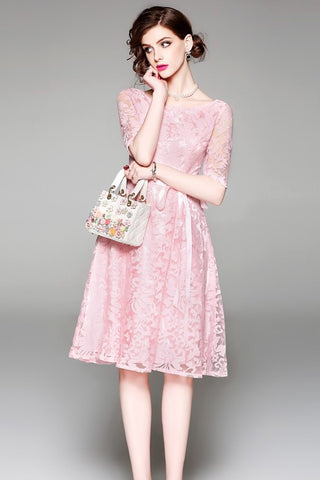 Embroidered Mesh Fit and Flare Dress