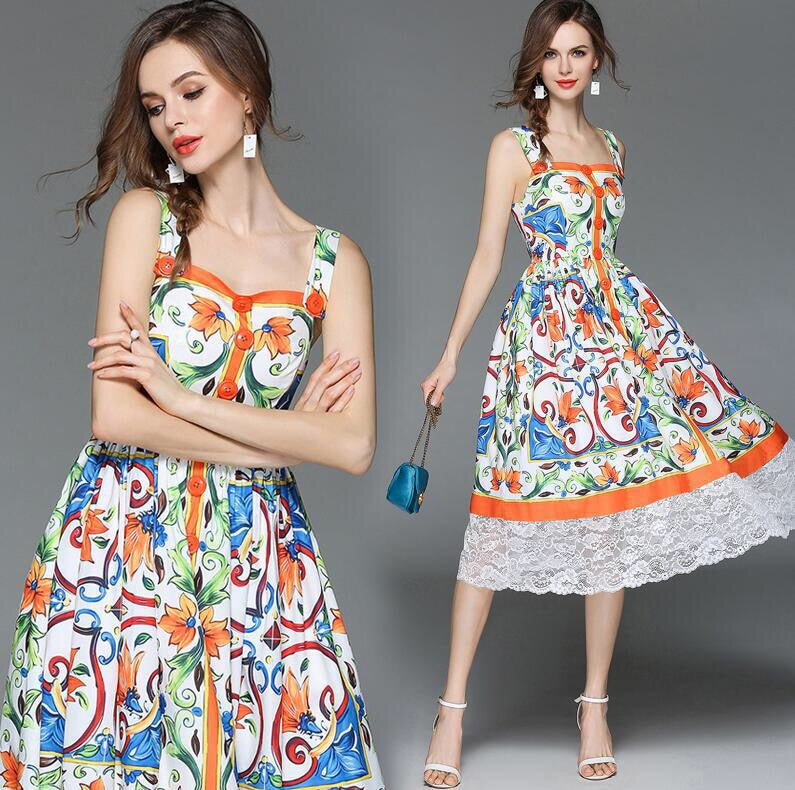 Floral Print Dress W Lace Hem