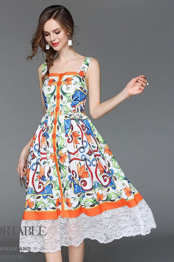 Floral Print Dress W Lace Hem