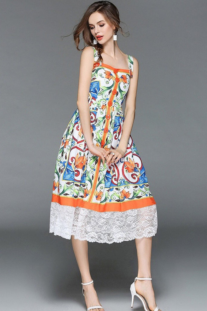 Floral Print Dress W Lace Hem