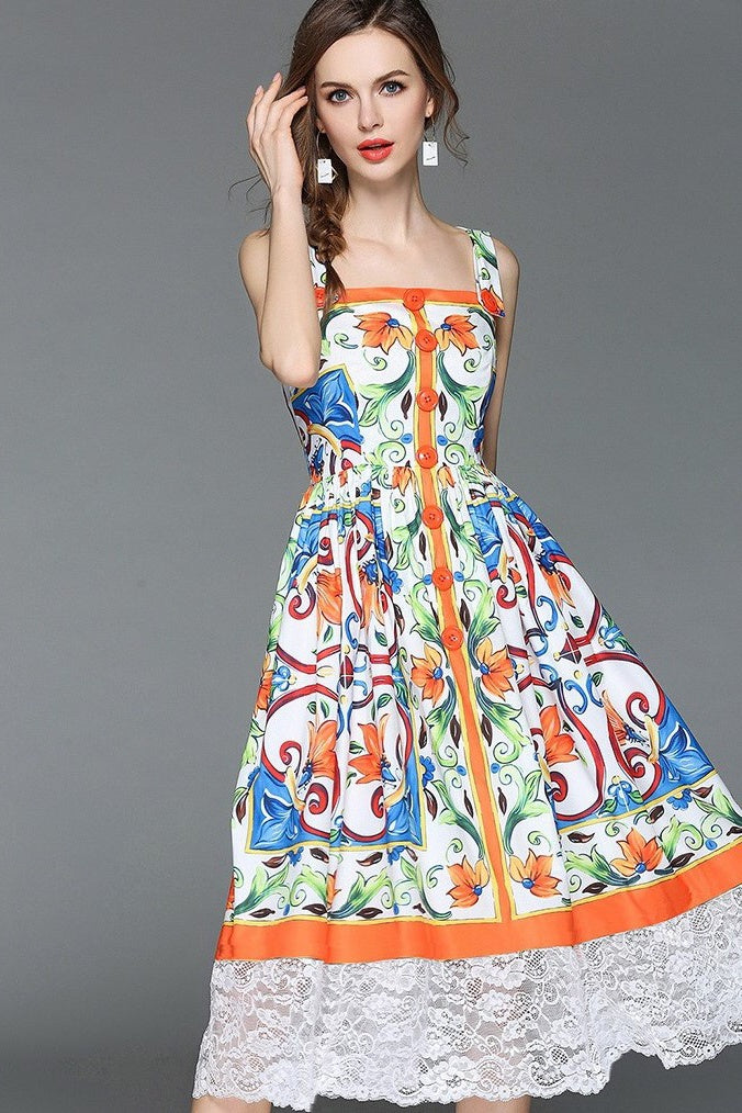 Floral Print Dress W Lace Hem