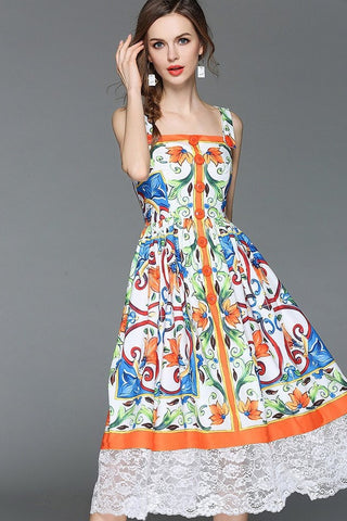 Floral Print Dress W Lace Hem