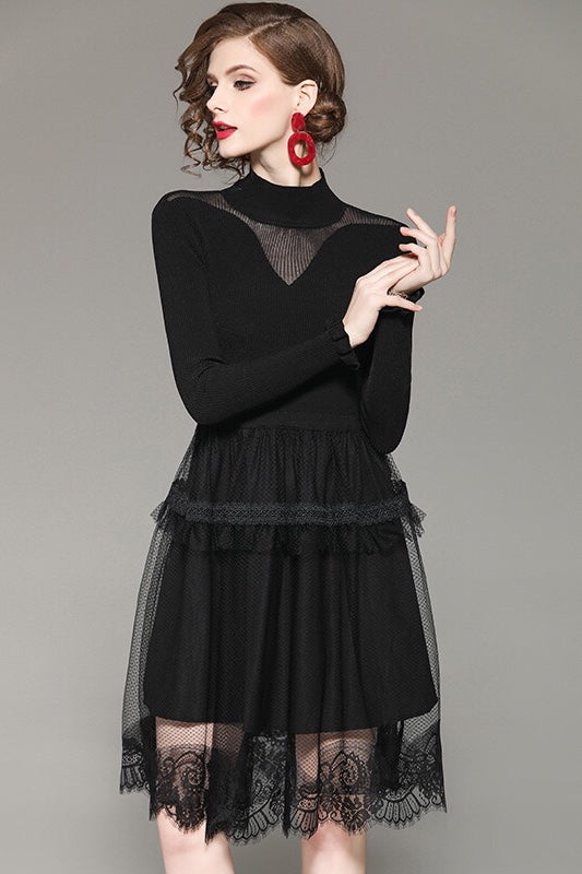 Black Viscose Dress W/ Lace