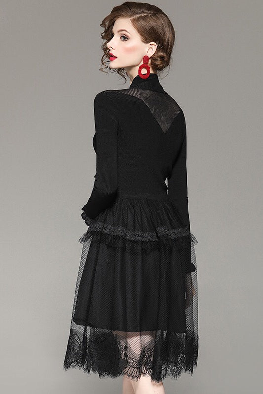 Black Viscose Dress W/ Lace