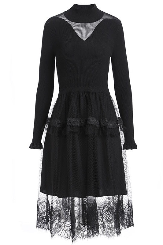 Black Viscose Dress W/ Lace