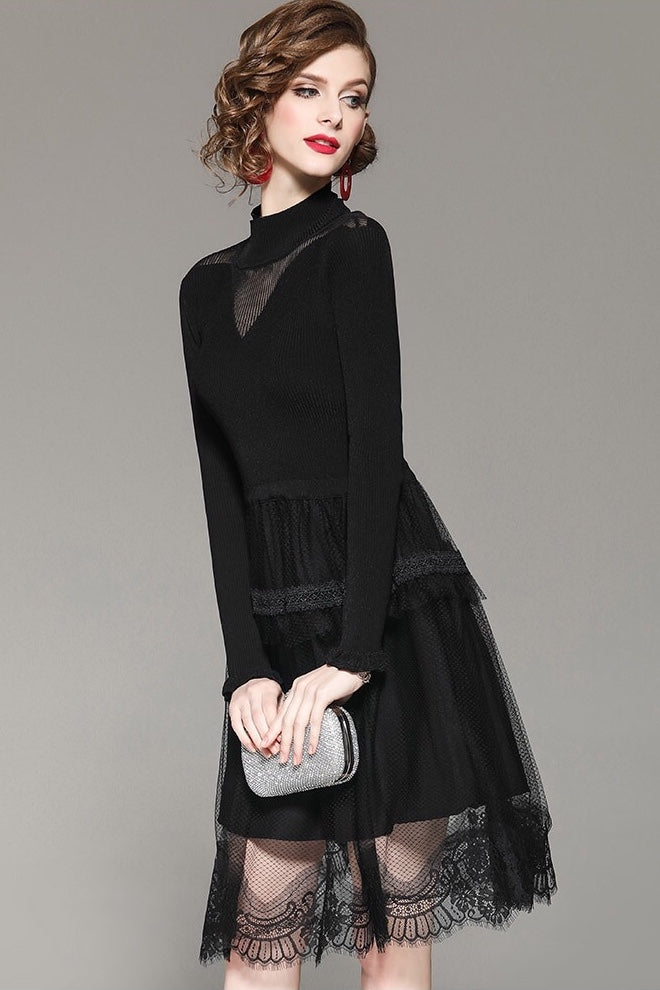 Black Viscose Dress W/ Lace