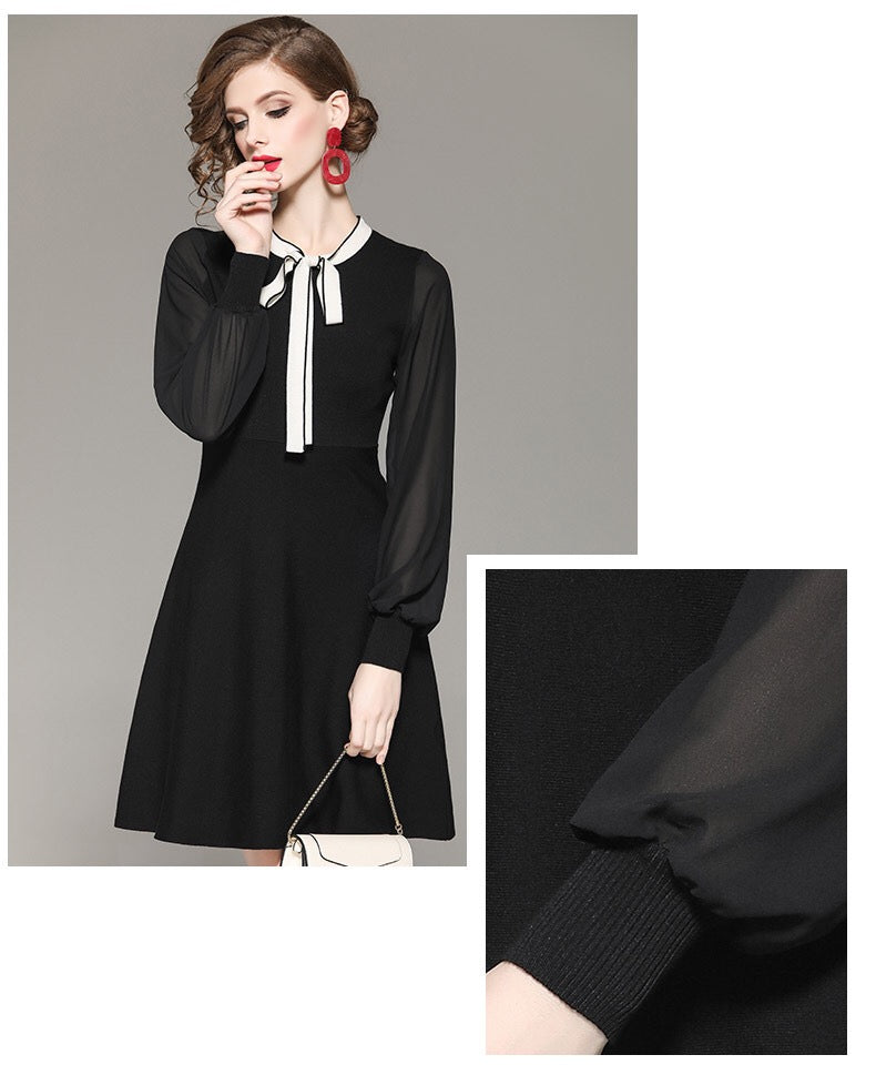 Black Viscose Dress W/ Chiffon Sleeve