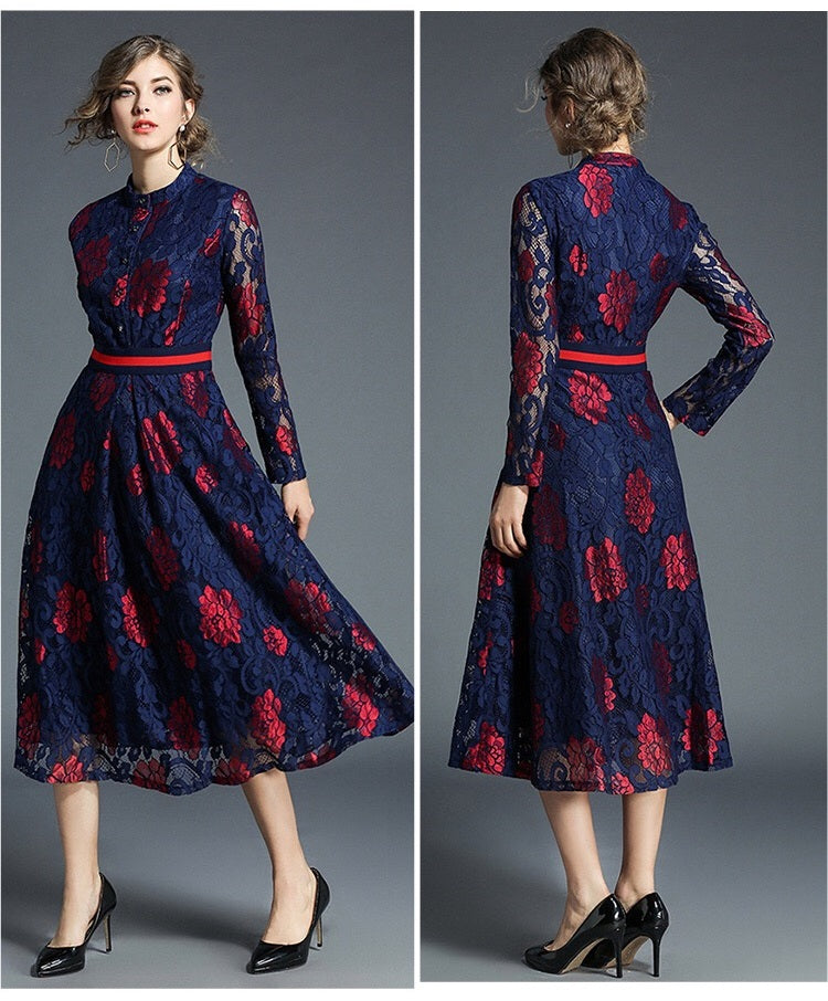 Two Color Flower Lace Dress