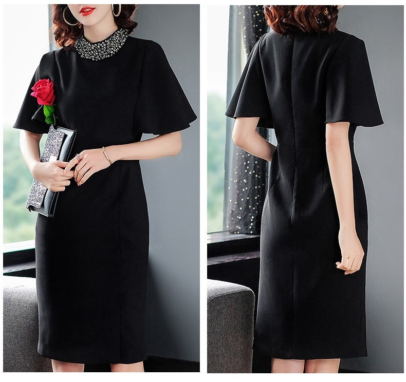 Black Flattering Short Sleeve Beaded Dress