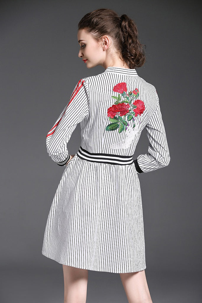 Stripe Dress W/ Rose Embroidery