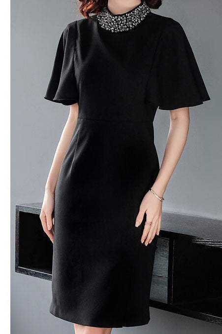 Black Flattering Short Sleeve Beaded Dress