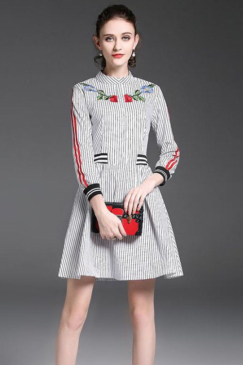 Stripe Dress W/ Rose Embroidery