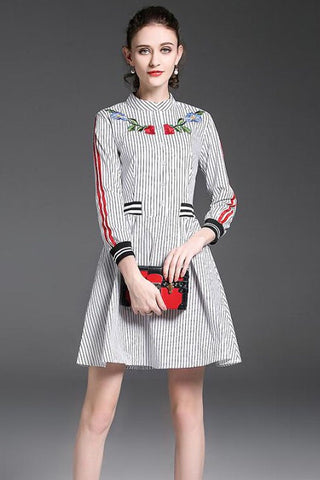 Stripe Dress W/ Rose Embroidery