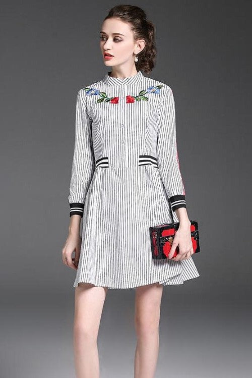 Stripe Dress W/ Rose Embroidery