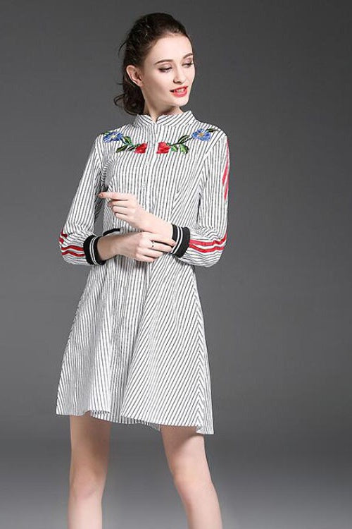 Stripe Dress W/ Rose Embroidery