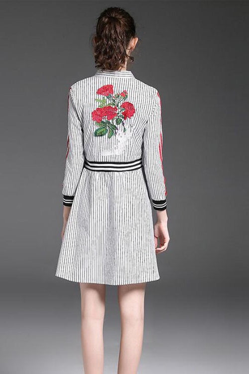 Stripe Dress W/ Rose Embroidery