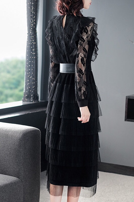 Black Lace Layered Party Dress With Belt - Women's Dress