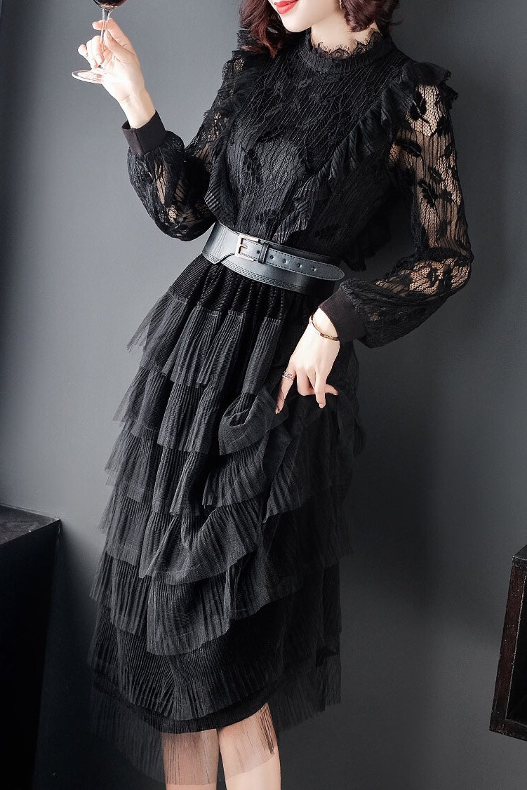 Black Lace Layered Party Dress With Belt - Women's Dress | Dress Album M (US 4) Black Lace Layered Party Dress With Belt - Women's Dress | Dress Album M (US 4)
