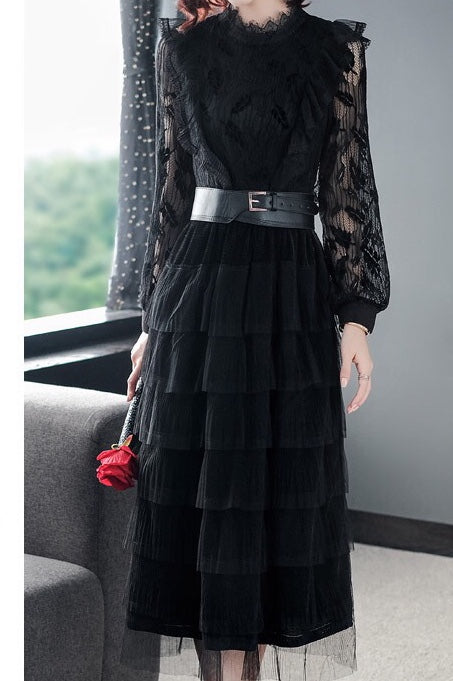 Black Lace Party Dress W/ Belt
