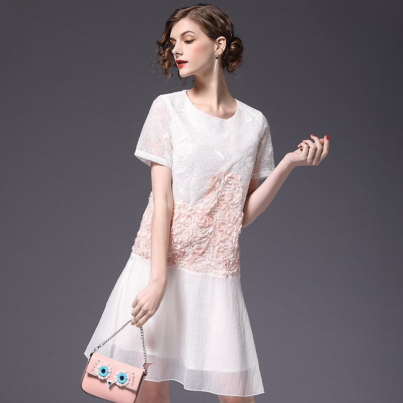 Color Block 3d Flower Lace Dress