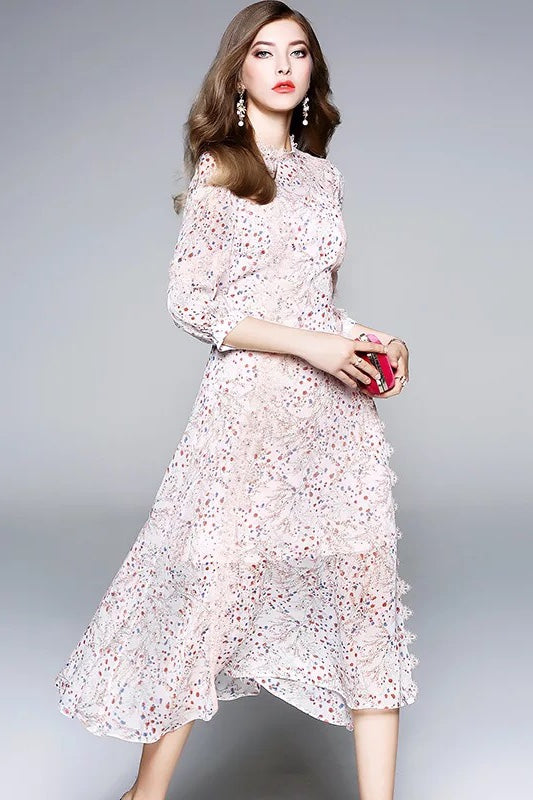 Floral Chiffon Dress With Crochet Detail - Fit and Flare Dress M Floral Chiffon Dress With Crochet Detail - Fit and Flare Dress M