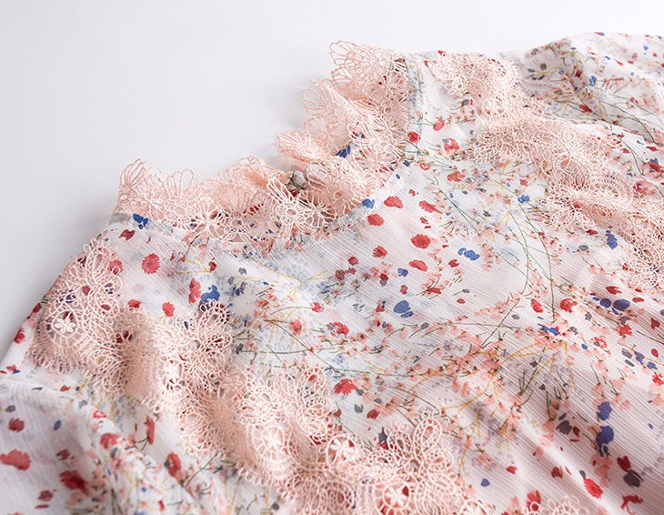Floral Chiffon Dress W/ Crochet Detail