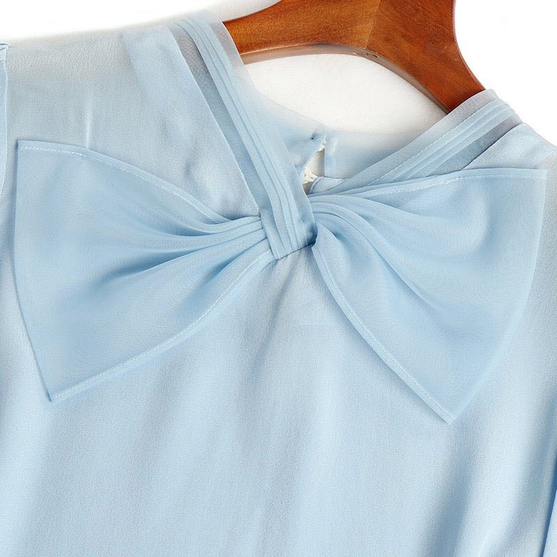 Blue Chiffon Blouse W/ Bow Tie