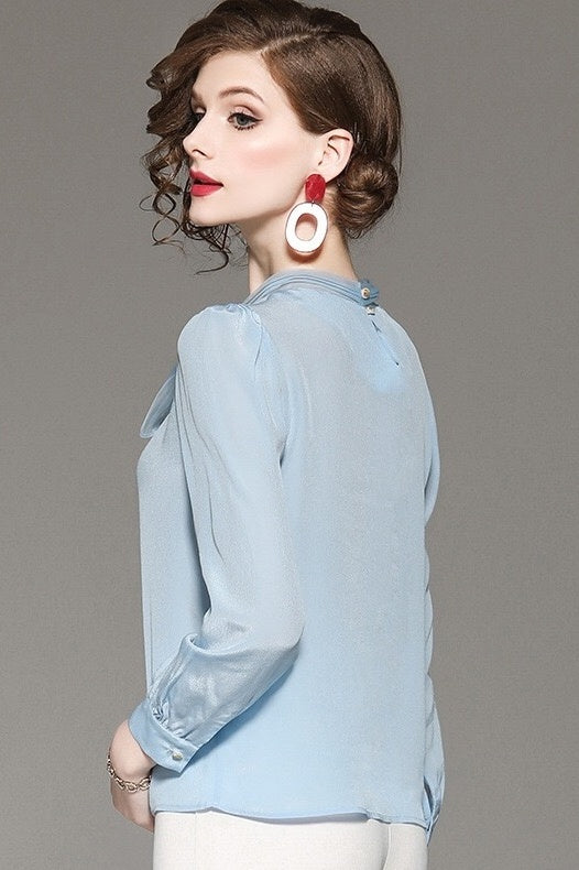 Blue Chiffon Blouse W/ Bow Tie