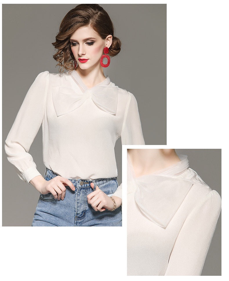 White Chiffon Blouse W/ Bow Tie